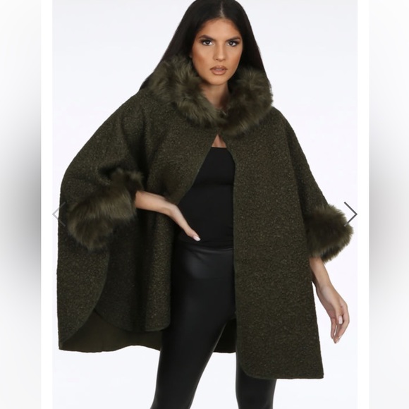 Brand new free size Khaki Borg Cape With Faux Fur Trim - Picture 7 of 9